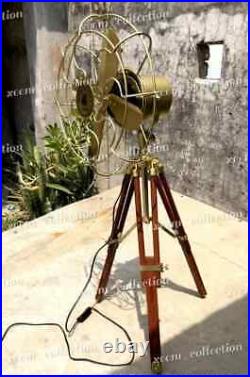 Vintage Nautical Brass Antique Electric Pedestal Fan With Wooden Tripod Stand