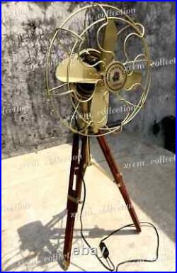 Vintage Nautical Brass Antique Electric Pedestal Fan With Wooden Tripod Stand