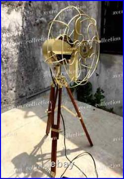 Vintage Nautical Brass Antique Electric Pedestal Fan With Wooden Tripod Stand