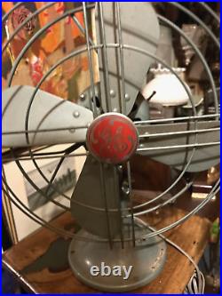 Vtg ANTIQUE COLLECTIBLE GE Military Green Gray OSCILATING FAN RARE GOLD NICE