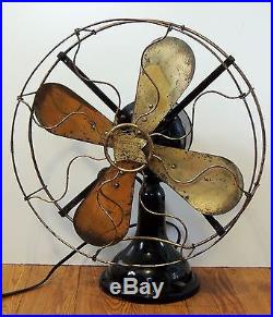 WORKS! Antique vtg c1913 Robbins & Myers 1159 Brass Blade FAN with Badge 17 R&M